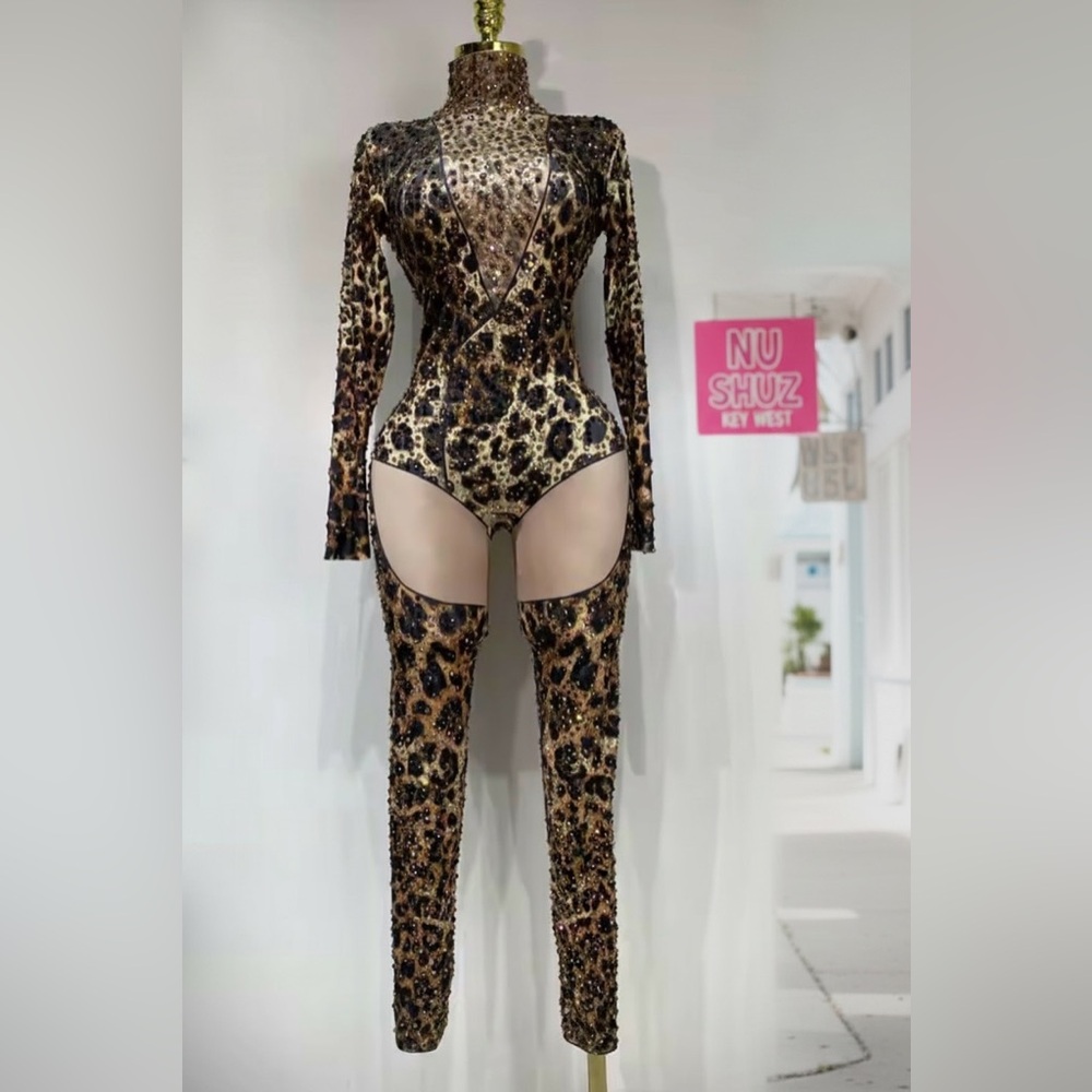 Festival Leopard Animal Print Rhinestone Embellished Bodysuit Jumpsuit